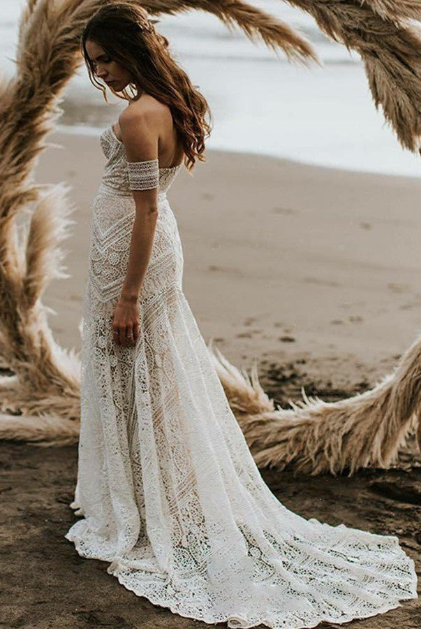 Mermaid Off-the-Shoulder Backless Ivory Lace Beach Wedding Dresses