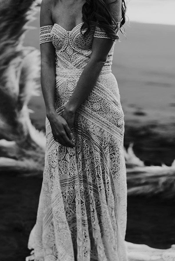 Mermaid Off-the-Shoulder Backless Ivory Lace Beach Wedding Dresses