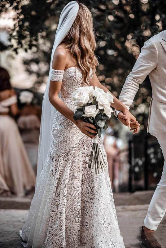 Mermaid Off-the-Shoulder Backless Ivory Lace Beach Wedding Dresses