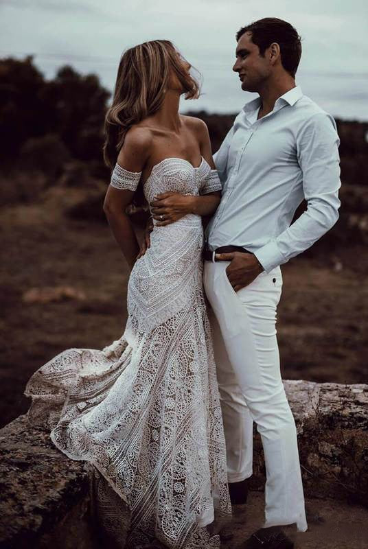 Mermaid Off-the-Shoulder Backless Ivory Lace Beach Wedding Dresses