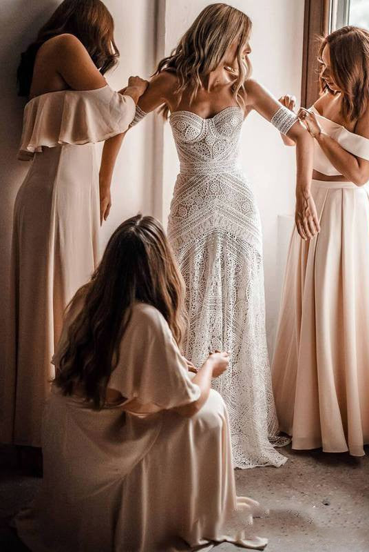 Mermaid Off-the-Shoulder Backless Ivory Lace Beach Wedding Dresses