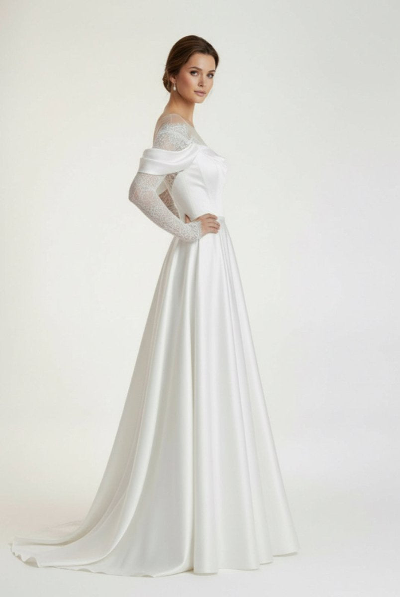 Mermaid Off - the - Shoulder Satin Lace Wedding Dress - KissProm