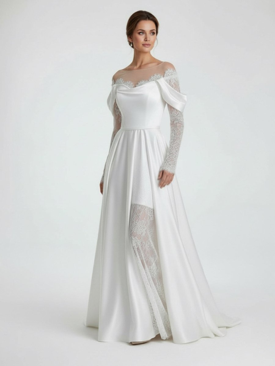Mermaid Off - the - Shoulder Satin Lace Wedding Dress - KissProm
