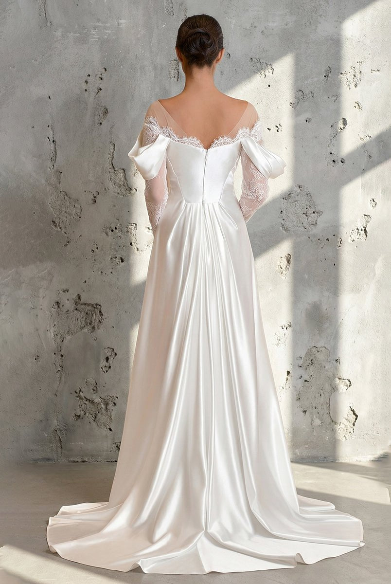 Caelira | Mermaid Off - the - Shoulder Satin Lace Wedding Dress with Slit - KissProm