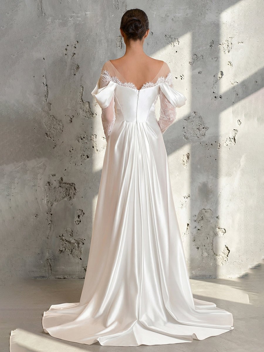 Caelira | Mermaid Off - the - Shoulder Satin Lace Wedding Dress with Slit - KissProm
