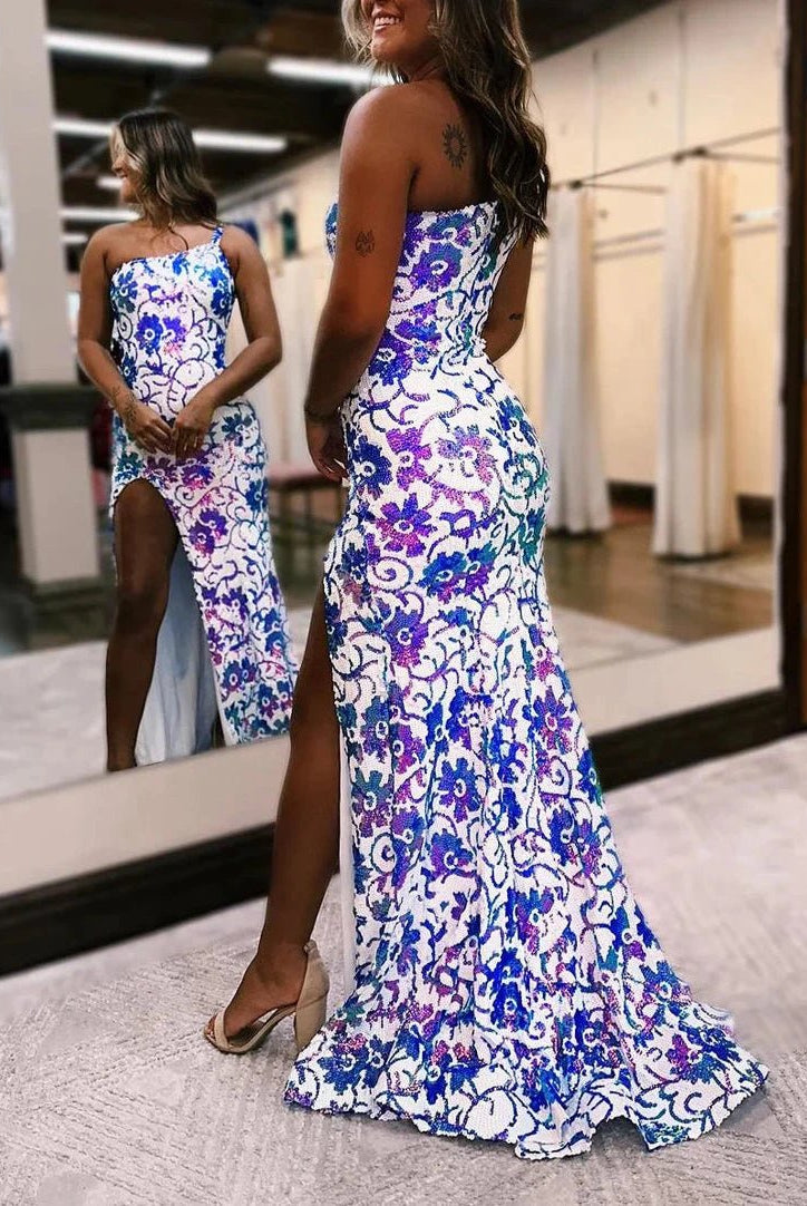 Mermaid One Shoulder Sequin Appliques Long Prom Dresses with Slit