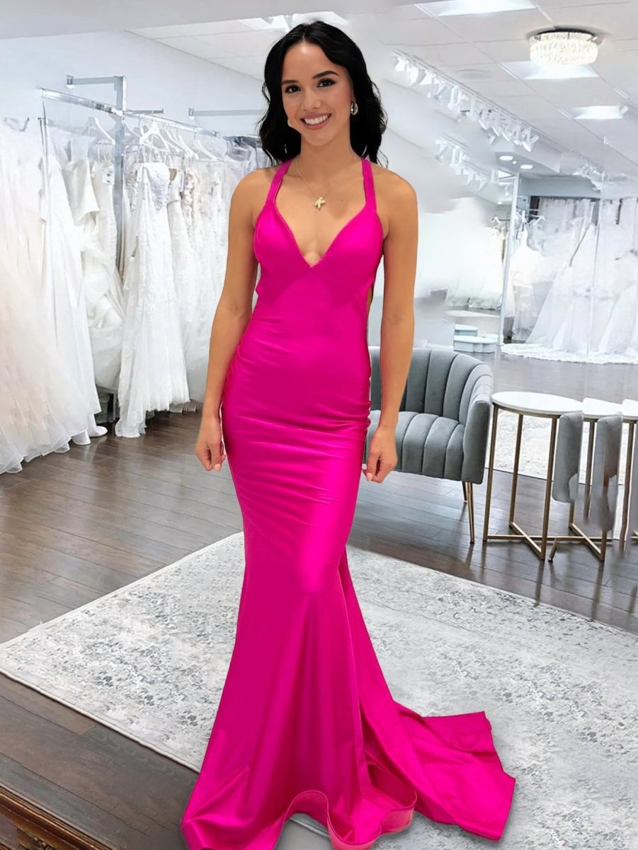 KissProm Angela |Mermaid Pink V Neck Backless Satin Long Prom Dress, Fuchsia / 4