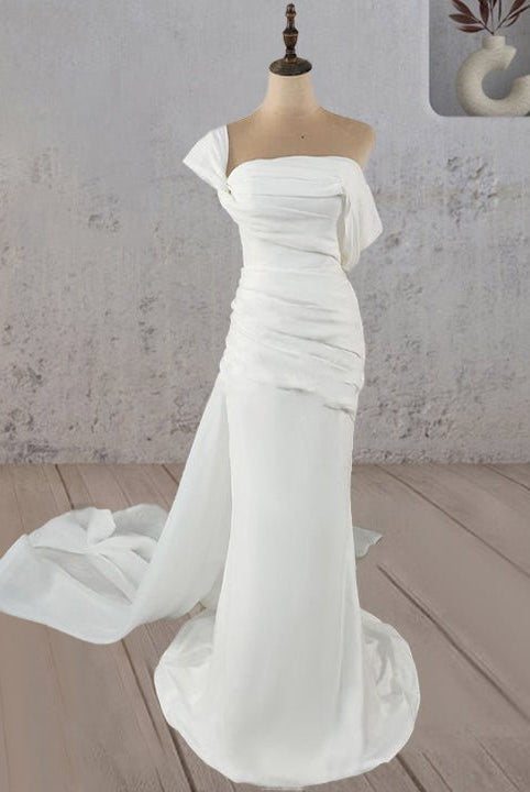 Mermaid Ruched Off - Shoulder Beauty Wedding Dress with Train - KissProm