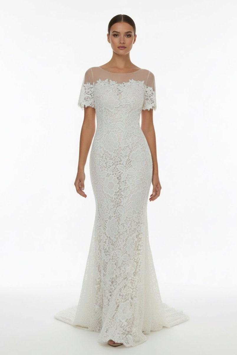 Mermaid Scoop Illusion Neck Floral Wedding Dress - KissProm