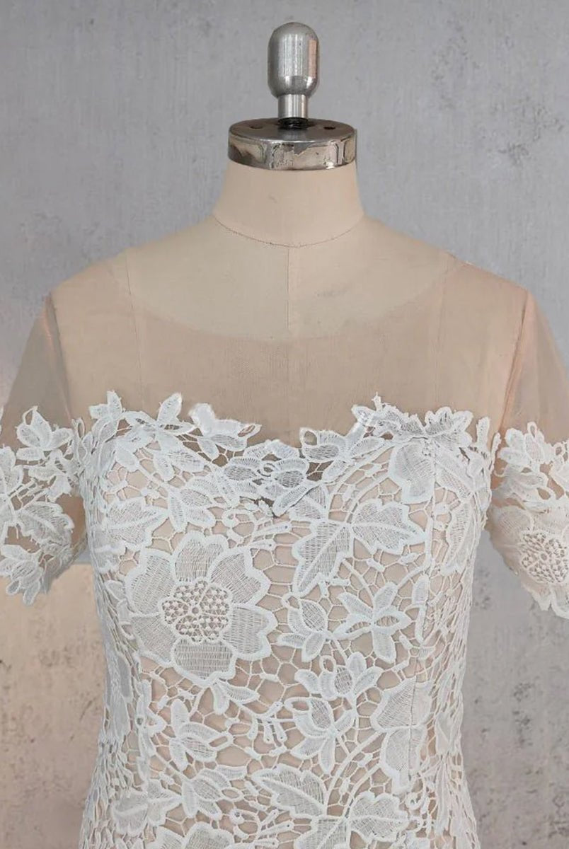 Mermaid Scoop Illusion Neck Floral Wedding Dress - KissProm