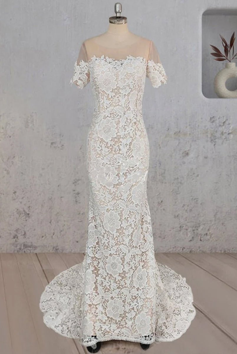 Mermaid Scoop Illusion Neck Floral Wedding Dress - KissProm