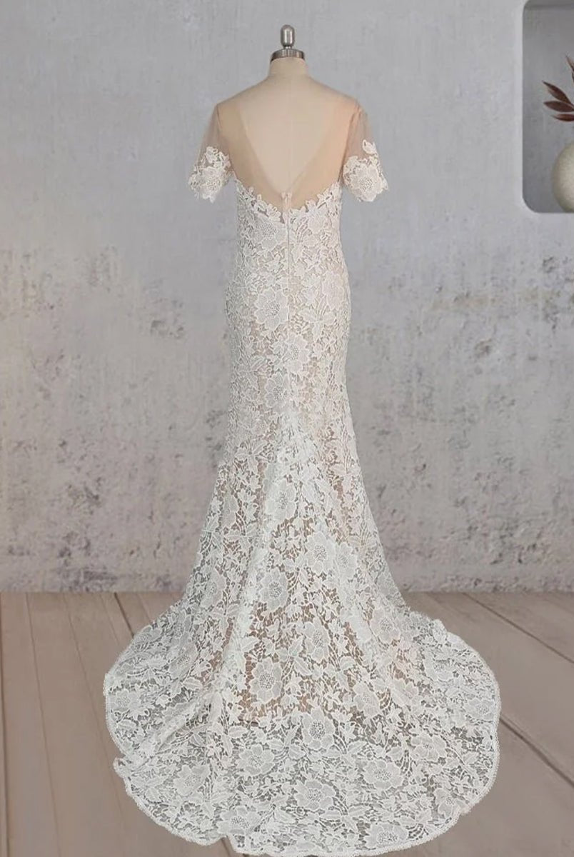 Mermaid Scoop Illusion Neck Floral Wedding Dress - KissProm