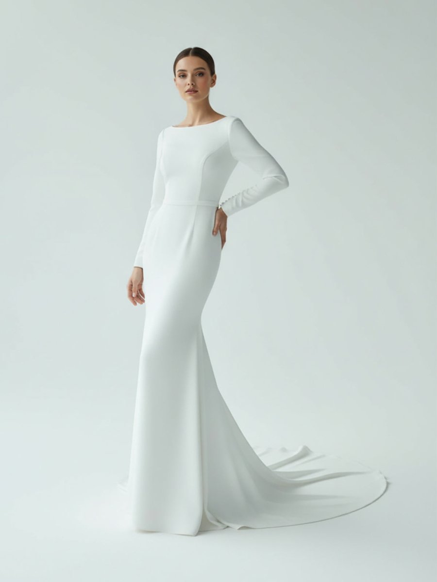 Mermaid Scoop Neck V Back Satin Wedding Dress - KissProm