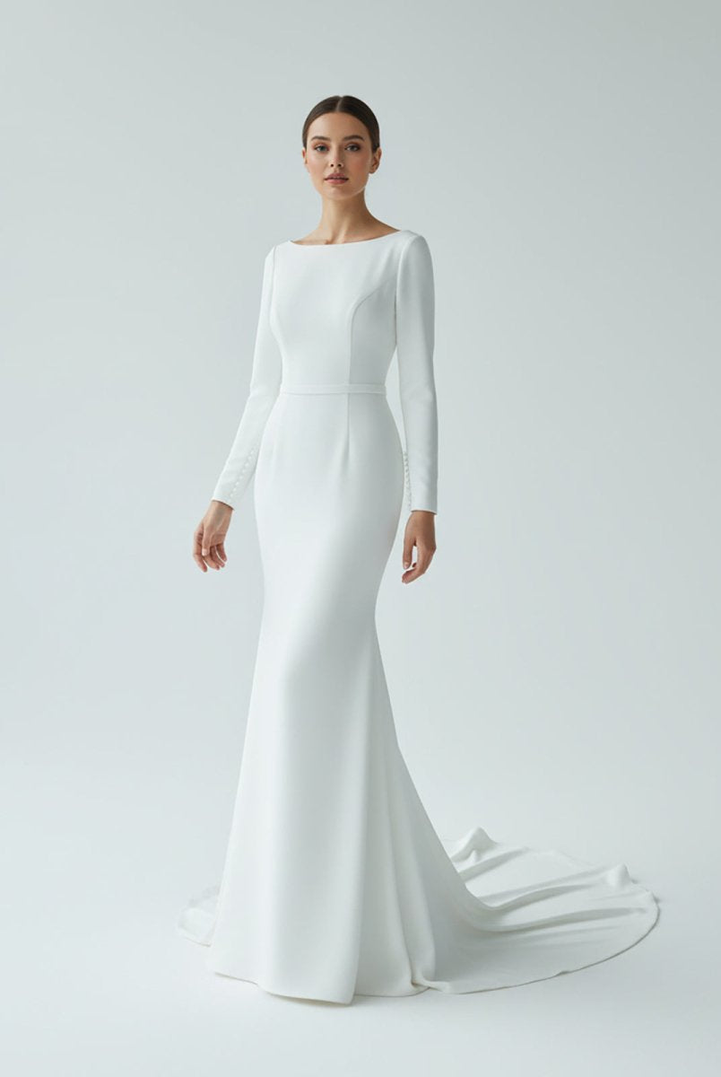 Mermaid Scoop Neck V Back Satin Wedding Dress - KissProm