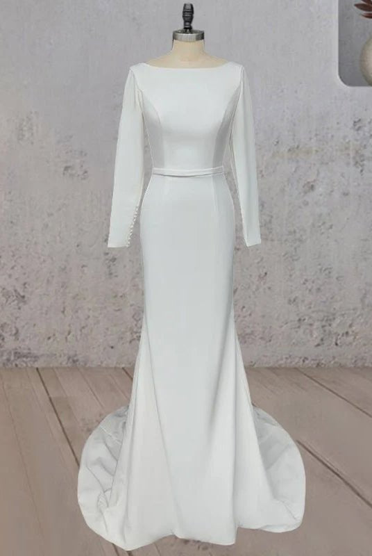 Mermaid Scoop Neck V Back Satin Wedding Dress - KissProm