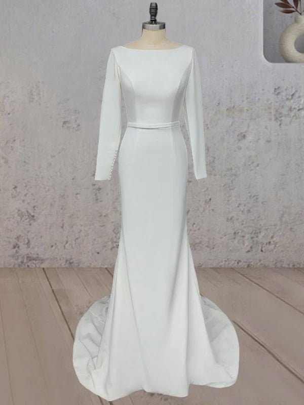 Mermaid Scoop Neck V Back Satin Wedding Dress - KissProm