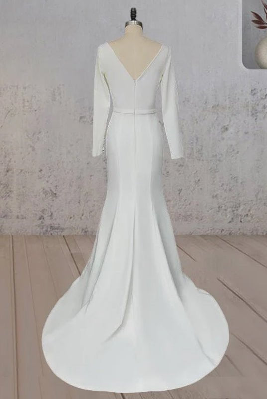 Mermaid Scoop Neck V Back Satin Wedding Dress - KissProm