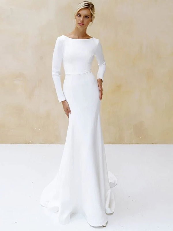 Mermaid Scoop Neck V Back Satin Wedding Dress - KissProm