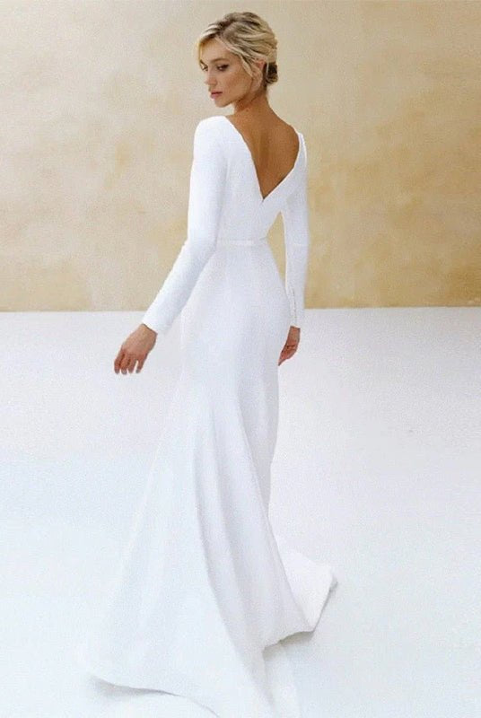 Mermaid Scoop Neck V Back Satin Wedding Dress - KissProm