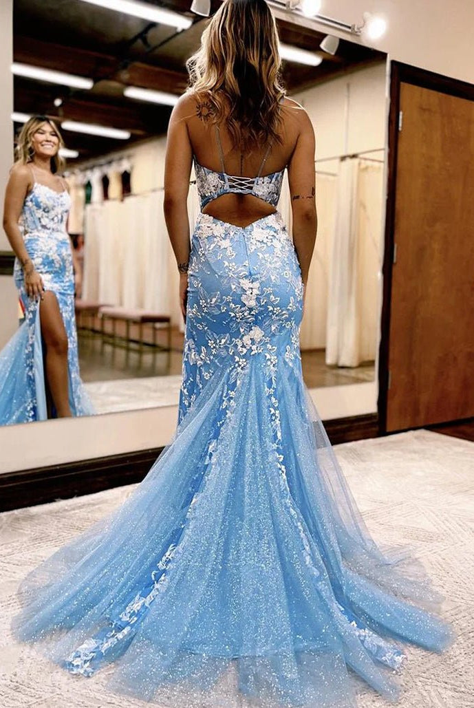 Aubrie |Mermaid Spaghetti Straps Lace Tulle Prom Dress with Slit