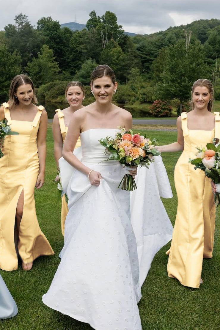 Mermaid Straps Bows Pleats Satin Sleeveless Long Bridesmaid Dress with Slit