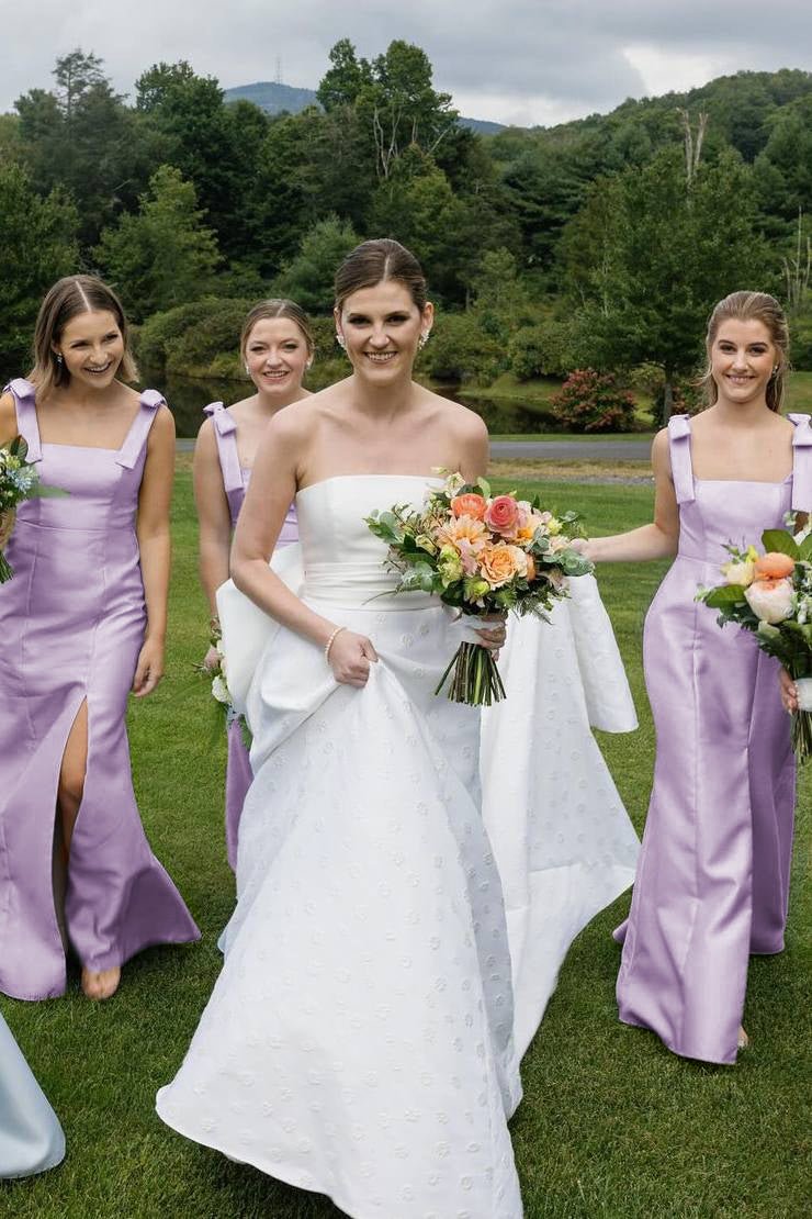 Mermaid Straps Bows Pleats Satin Sleeveless Long Bridesmaid Dress with Slit