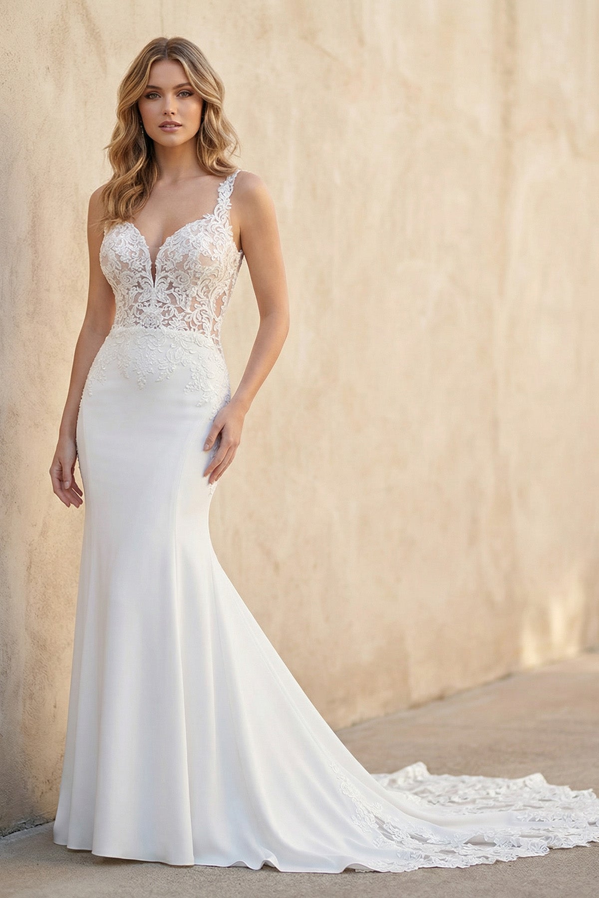 Lace Straps Sweep Train Mermaid White Wedding Dress, White-Nude / 24 Lace Straps Sweep Train Mermaid White Wedding Dress, White-Nude / 24