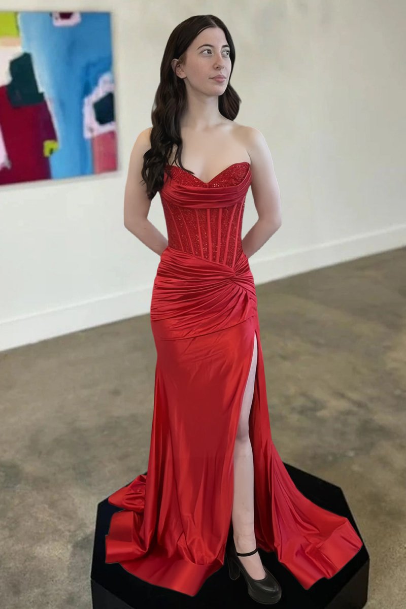 Kenzia | Red - Sweetheart Mermaid Satin Beaded Prom Dressed With Slit - KissProm