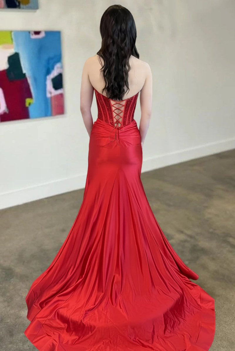 Kenzia | Red - Sweetheart Mermaid Satin Beaded Prom Dressed With Slit - KissProm
