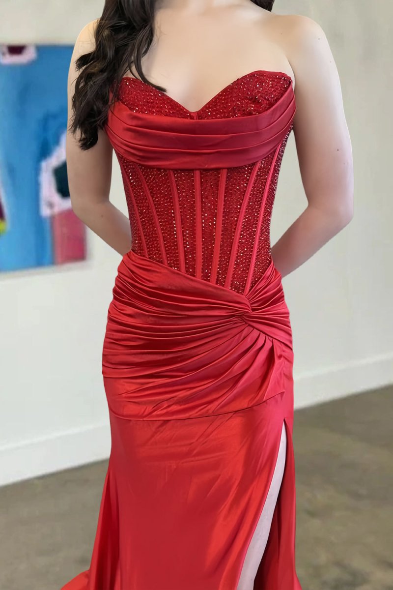 Kenzia | Red - Sweetheart Mermaid Satin Beaded Prom Dressed With Slit - KissProm