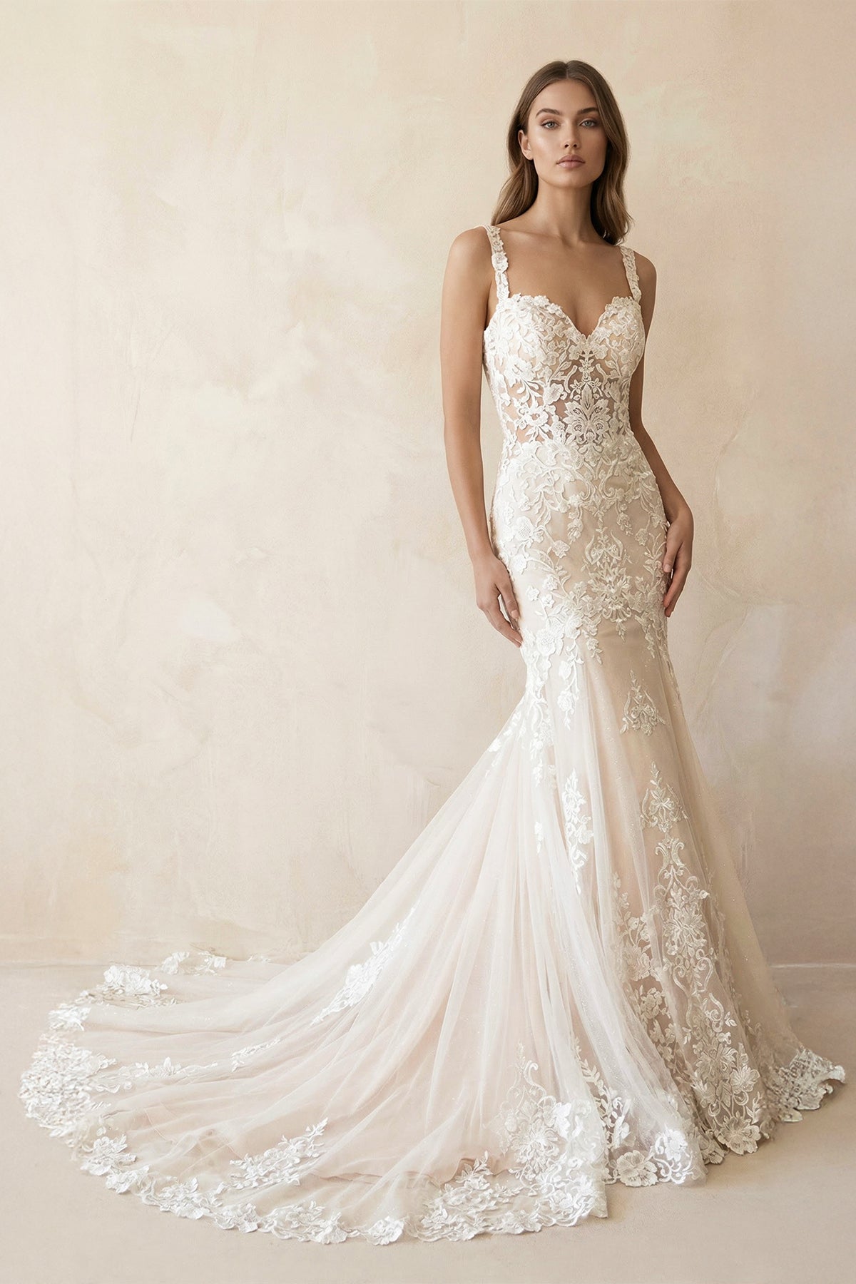 Mermaid Sweetheart Spaghetti Straps Wedding Dress With Appliques, White-Nude / 24 Mermaid Sweetheart Spaghetti Straps Wedding Dress With Appliques, White-Nude / 24