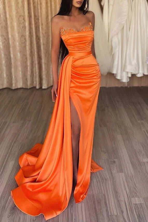 Sasha | Mermaid Evening Gown Sexy Dress Prom Court Train Sleeveless Strapless Satin with Slit Pure Color