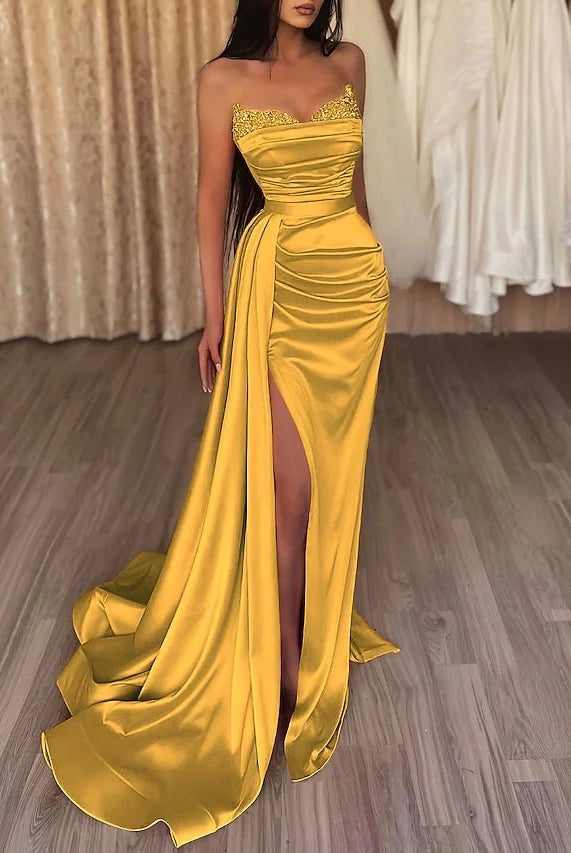 Sasha | Mermaid Evening Gown Sexy Dress Prom Court Train Sleeveless Strapless Satin with Slit Pure Color