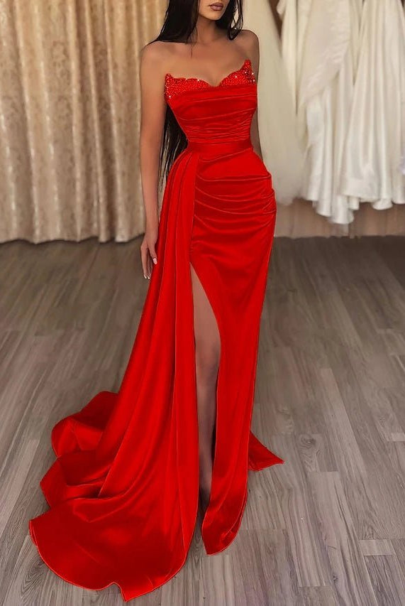 Sasha | Mermaid Evening Gown Sexy Dress Prom Court Train Sleeveless Strapless Satin with Slit Pure Color