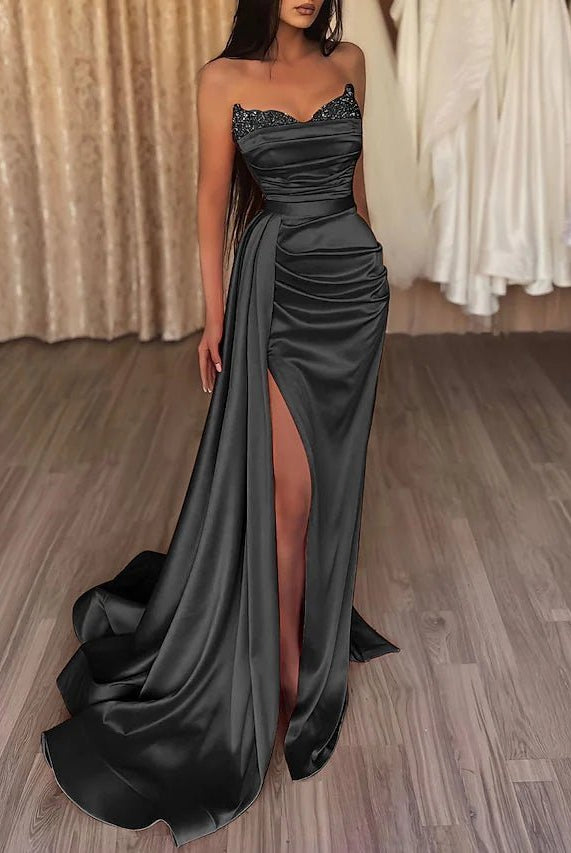 Sasha | Mermaid Evening Gown Sexy Dress Prom Court Train Sleeveless Strapless Satin with Slit Pure Color