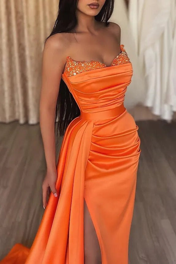 Sasha | Mermaid Evening Gown Sexy Dress Prom Court Train Sleeveless Strapless Satin with Slit Pure Color