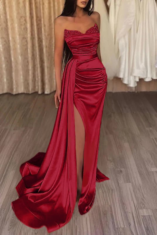 Sasha | Mermaid Evening Gown Sexy Dress Prom Court Train Sleeveless Strapless Satin with Slit Pure Color
