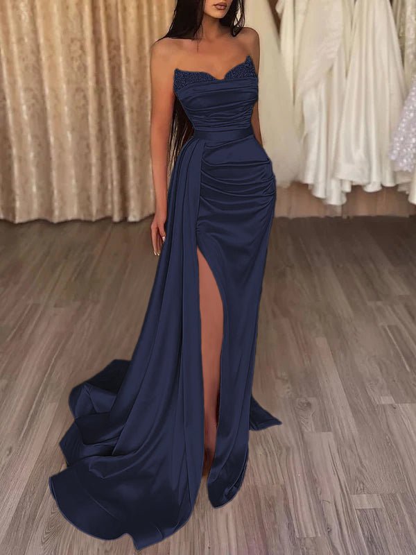 Sasha | Mermaid Evening Gown Sexy Dress Prom Court Train Sleeveless Strapless Satin with Slit Pure Color