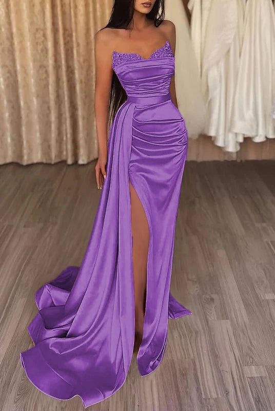 Sasha | Mermaid Evening Gown Sexy Dress Prom Court Train Sleeveless Strapless Satin with Slit Pure Color