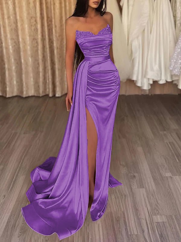 Sasha | Mermaid Evening Gown Sexy Dress Prom Court Train Sleeveless Strapless Satin with Slit Pure Color