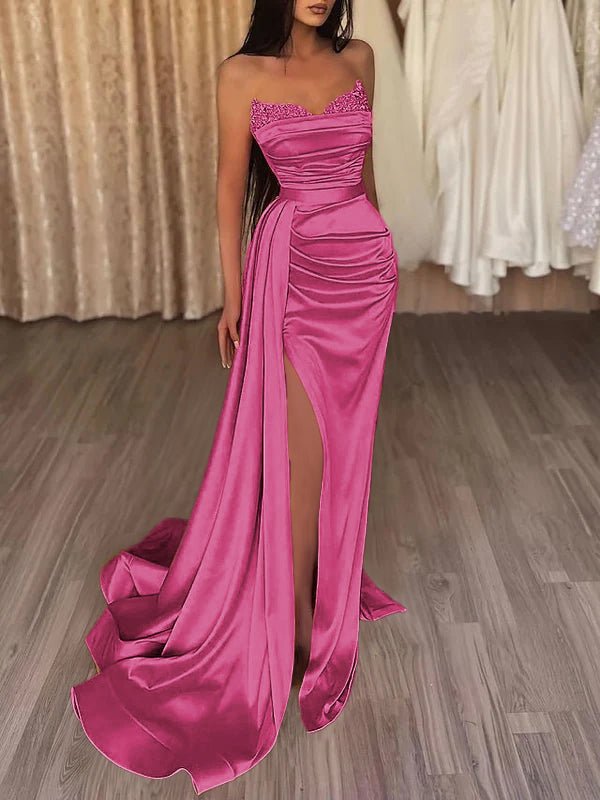 Sasha | Mermaid Evening Gown Sexy Dress Prom Court Train Sleeveless Strapless Satin with Slit Pure Color