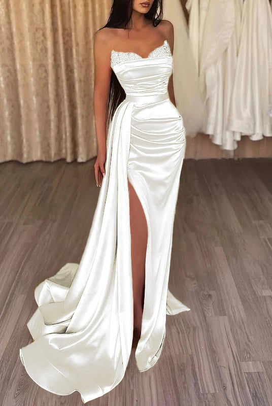 Sasha | Mermaid Evening Gown Sexy Dress Prom Court Train Sleeveless Strapless Satin with Slit Pure Color