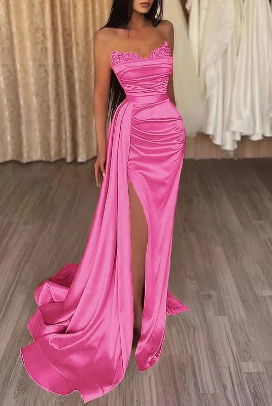 Sasha | Mermaid Evening Gown Sexy Dress Prom Court Train Sleeveless Strapless Satin with Slit Pure Color