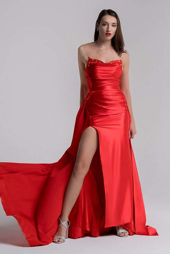 Sasha | Mermaid Evening Gown Sexy Dress Prom Court Train Sleeveless Strapless Satin with Slit Pure Color