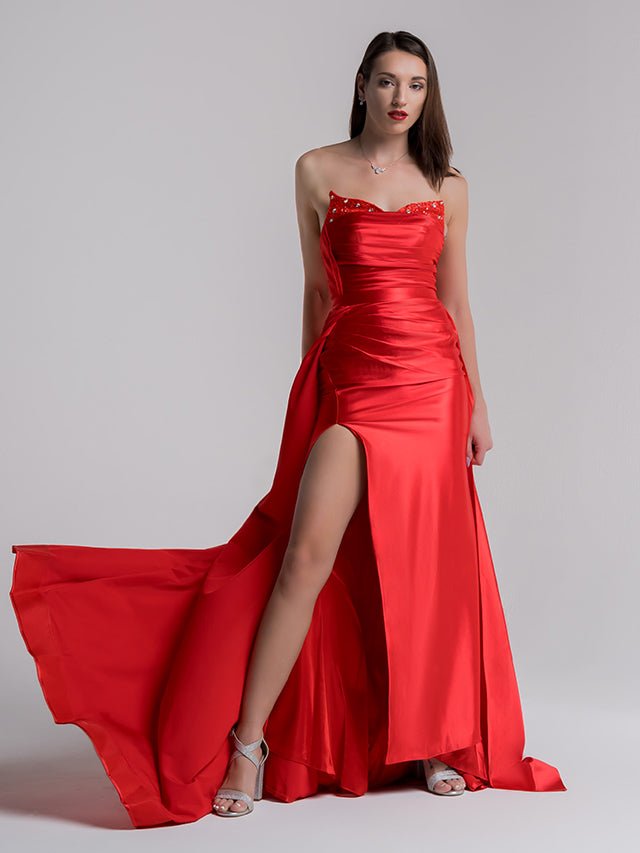 Sasha | Mermaid Evening Gown Sexy Dress Prom Court Train Sleeveless Strapless Satin with Slit Pure Color