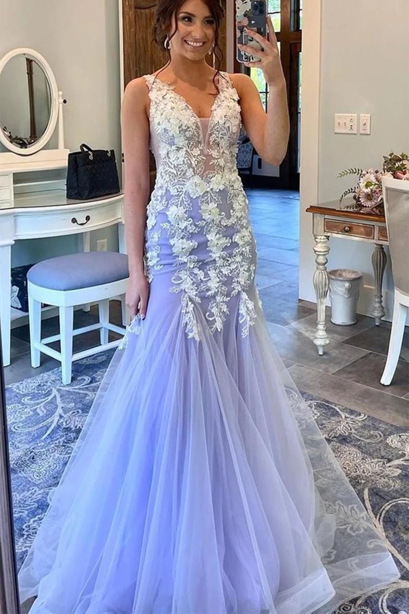 Kelsey | Mermaid Prom Dresses Floral Dress Formal Sweep Train Sleeveless V Neck Tulle with Ruffles Appliques - KissProm