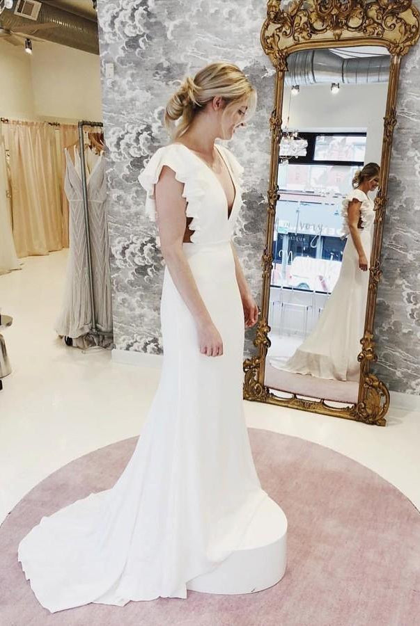 Mermaid V-Neck Cap Sleeves Backless Wedding Dress with Ruffles