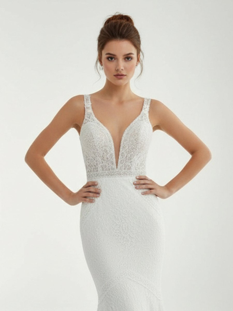 Mermaid White V Neck Illusion Wedding Dress - KissProm