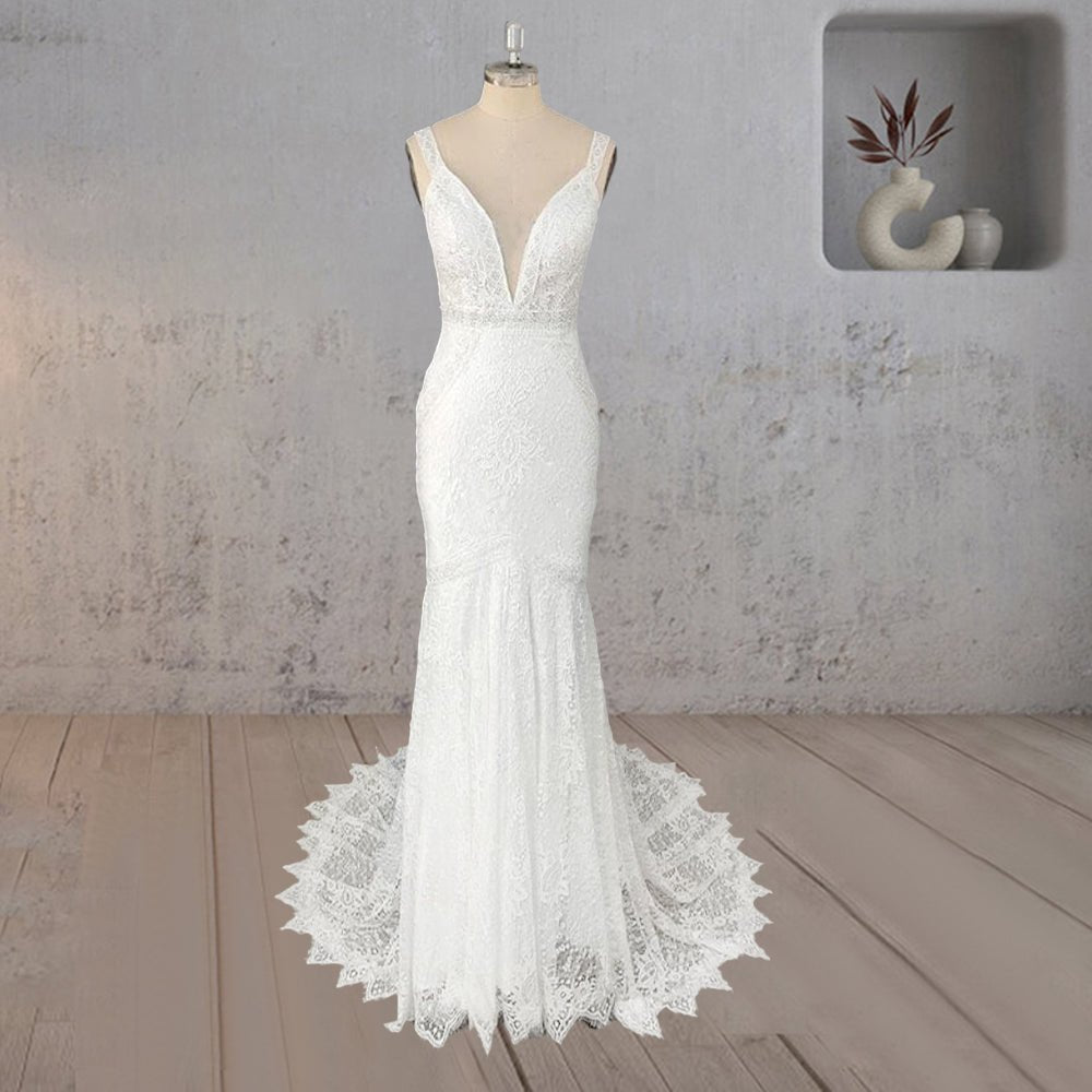 Mermaid White V Neck Illusion Wedding Dress – KissProm