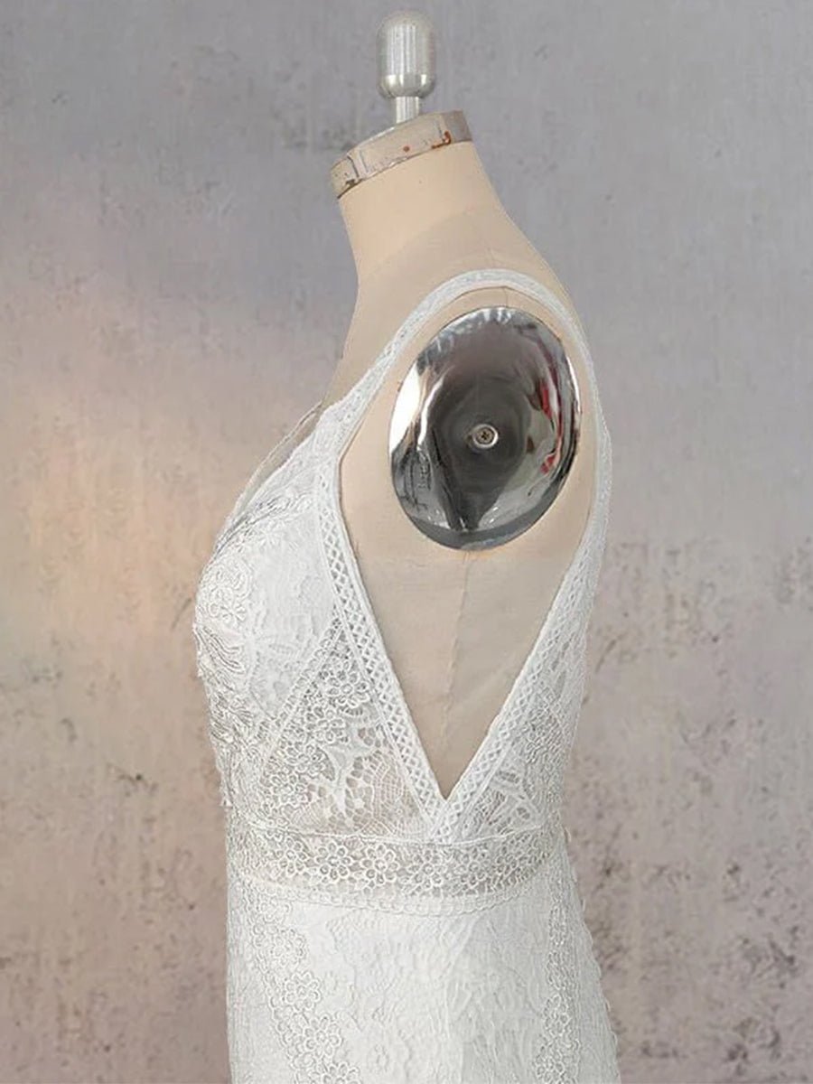 Mermaid White V Neck Illusion Wedding Dress - KissProm
